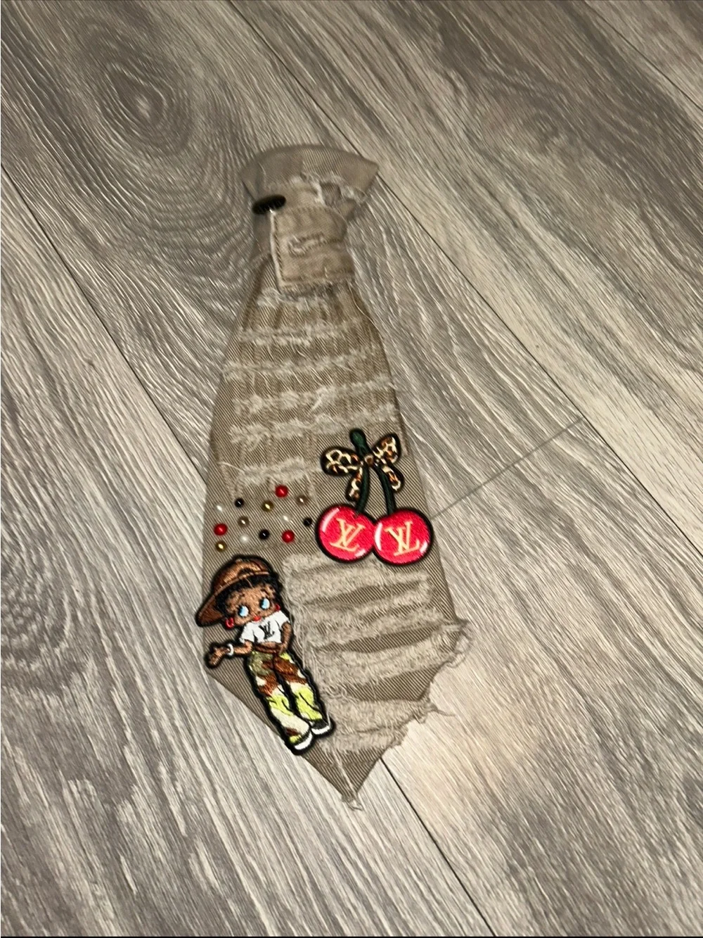 Handcrafted Kids Beige Knit Tie with Decorative Patches